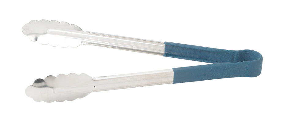 Winco UTPH-12B 12 Inch Utility Tongs Non-Slip Polypropylene Coated Blue Stainless Steel