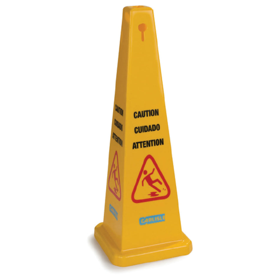Carlisle 3694104 12-1/2 Inch Sign Multi-lingual Caution Floor Safety Cone Plastic Yellow