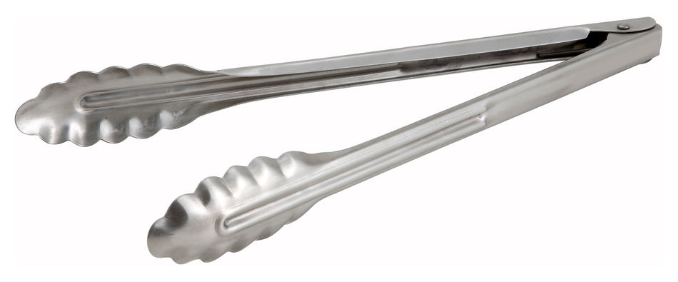 Winco UT-12 12 Inch Utility Tongs Coiled Spring Heavy Weight Stainless Steel with Scalloped Edges
