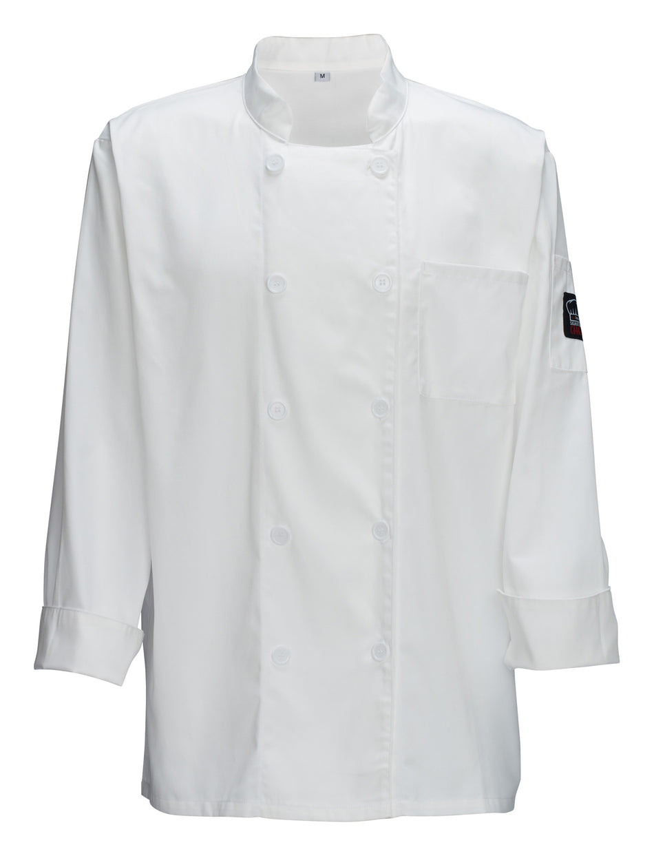 Winco UNF-5WS Chef Jacket Small Universal Fit Double Breasted Poly-Cotton White