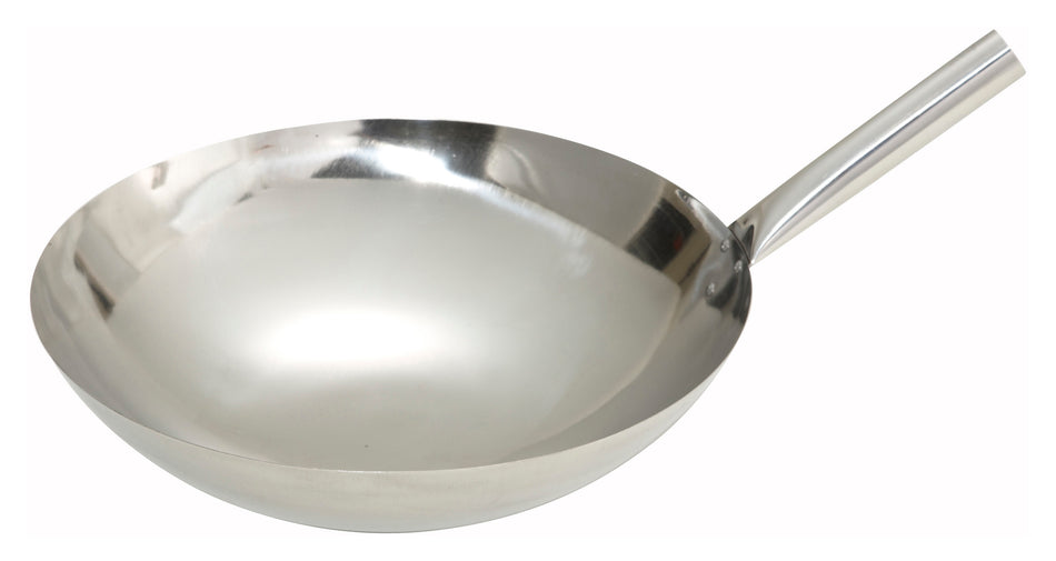 Winco WOK-16N 16 Inch Diameter Round Chinese Wok with Riveted Handle Stainless Steel Mirror Finish