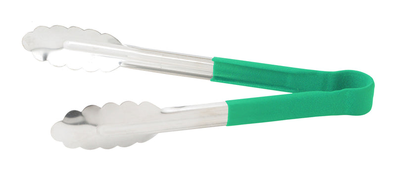 Winco UTPH-9G 9 Inch Utility Tongs Non-slip Polypropylene Coated Green Stainless Steel