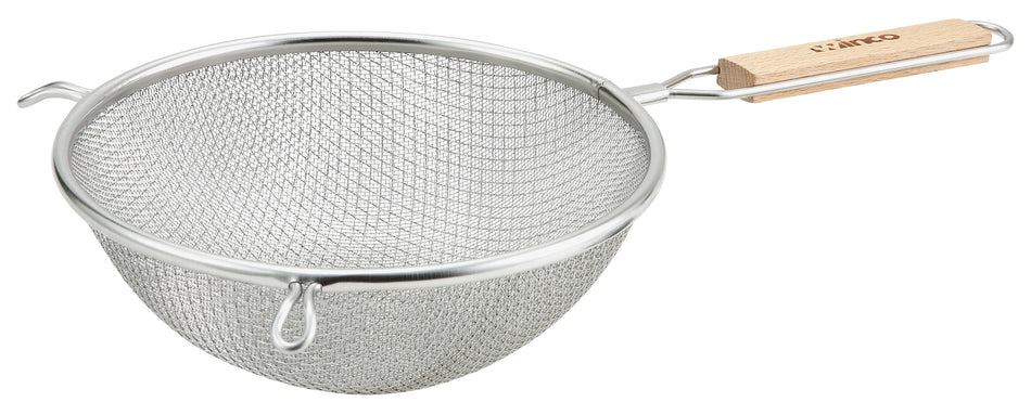 Winco MS3A-8D 8 Inch Bowl Diameter Double Mesh Strainer with Wooden Handle Stainless Steel