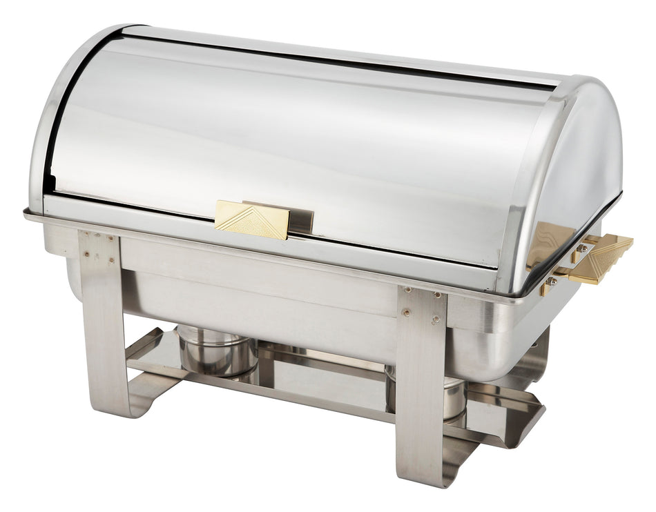 Winco C-5080 8 Quarts Gas Chafer Roll Top Stainless Steel with Gold Accents