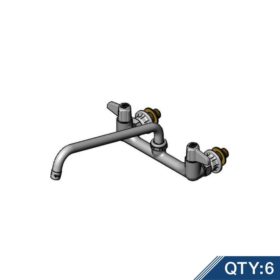 8" Wall Mount Faucet w/ Quarter-Turn Ceramic Cartridges, 12" Swing Nozzle, equip Lever Handles &1/2 NPT Male Supply Kit (Qty 6)