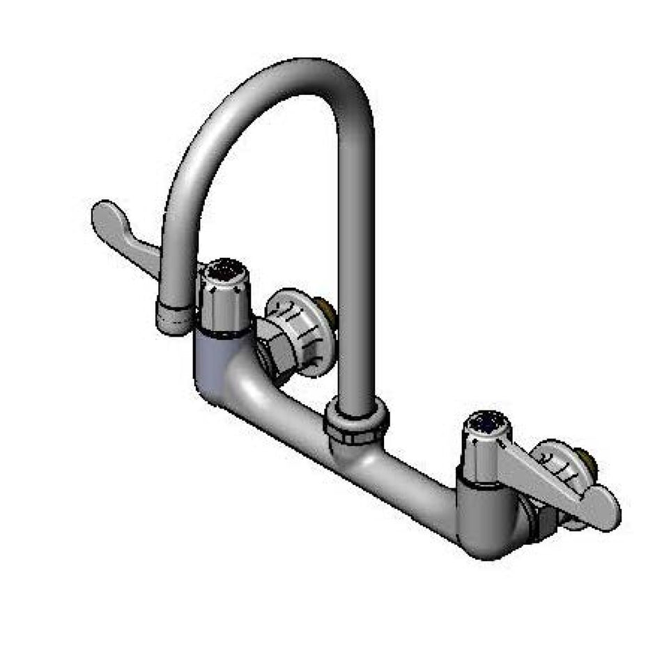8" Wall Mount Faucet, 4" Wrist-Action Handles, 5 1/2" Swivel Gooseneck & 1/2" BSPP Inlets