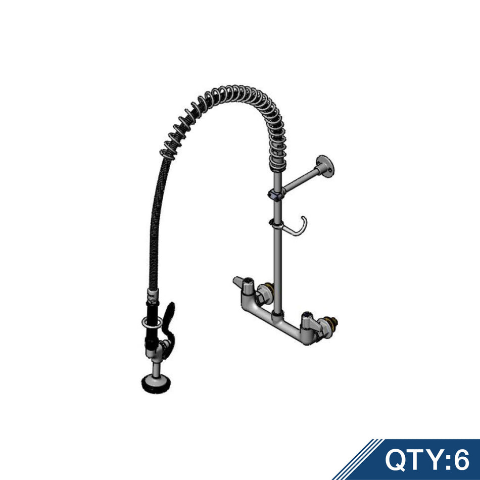 Pre-Rinse Unit, 8" Wall Mount Mixing Faucet, Quarter-Turn Ceramic Cartridges, equip Lever Handles, 44" Flex Hose, 1.5 GPM Spray Valve, 6" Wall Bracket & 1/2" NPT Supply Kit. (Qty 6)