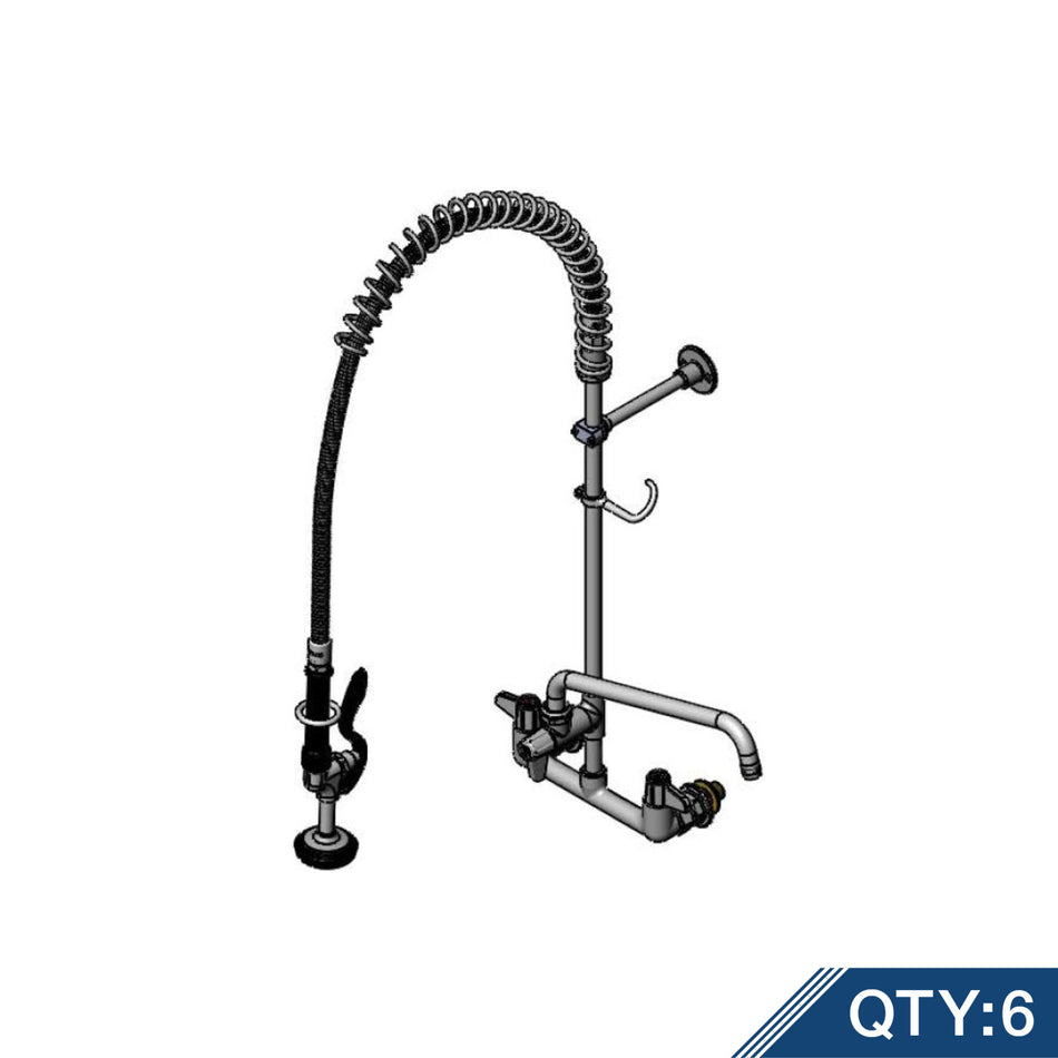 Pre-Rinse Unit, 8" Wall Mount Mixing Faucet, Quarter-Turn Ceramic Cartridges, Add-On Faucet w/ 12" Swing Nozzle, Lever Handles, 44" Flex Hose, 1.15 GPM Spray Valve, In-Line Checks & 1/2" NPT Supply Kit (Qty 6)