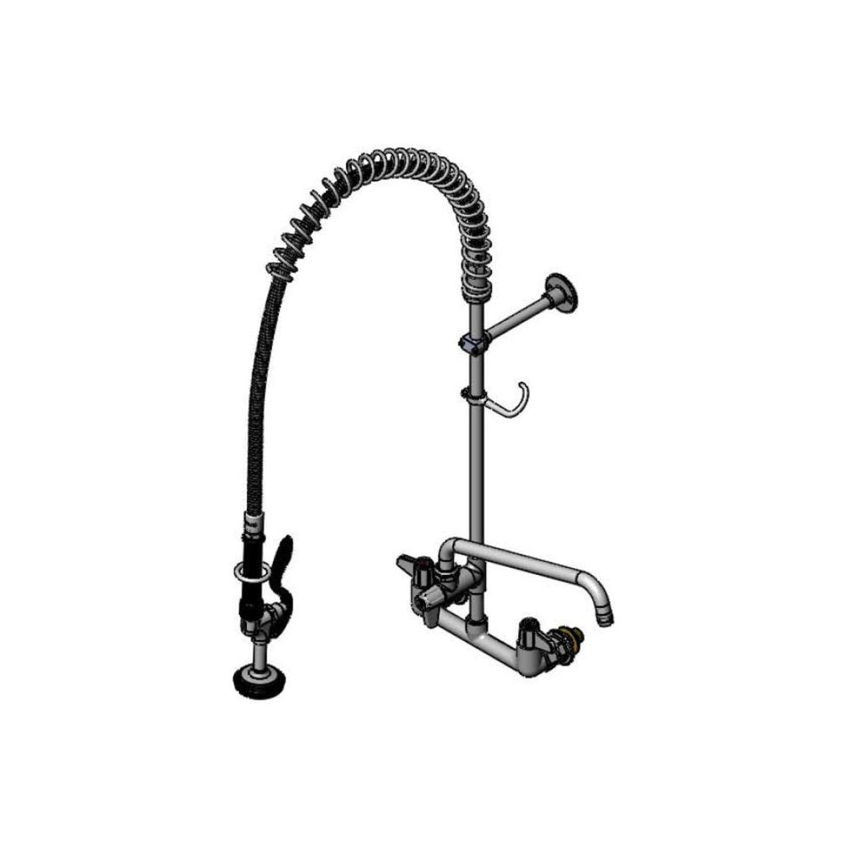 Pre-Rinse Unit, 8" Wall Mount Mixing Faucet, Quarter-Turn Ceramic Cartridges, Add-On Faucet w/ 12" Swing Nozzle, Lever Handles, 44" Flex Hose, 1.15 GPM Spray Valve, In-Line Check Valves & 1/2" NPT Supply Kit