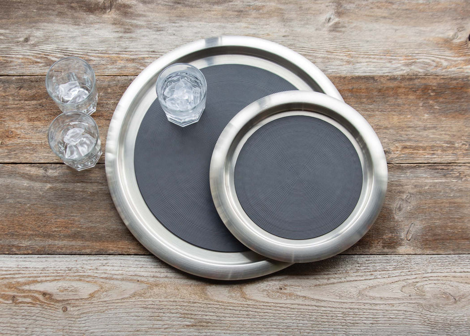 Non-Slip Silicone Surface 11 in. Small Round Serving Tray in Brushed Stainless and Black