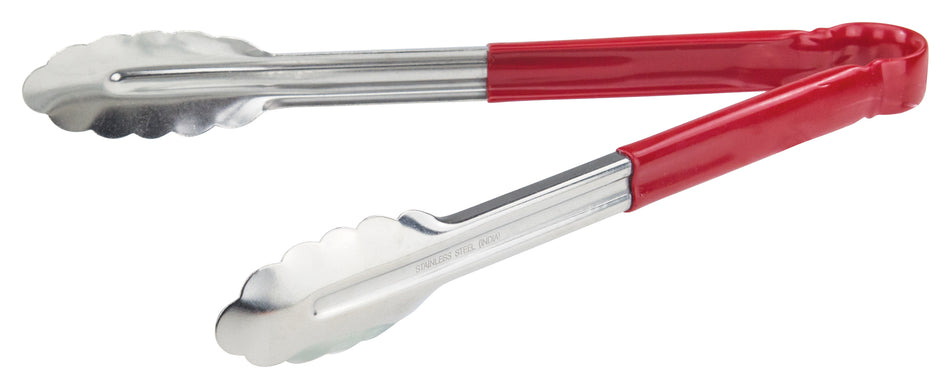 Winco UT-12HP-R 12 Inch Heavy Duty Plastic Handle Tongs Red Stainless Steel