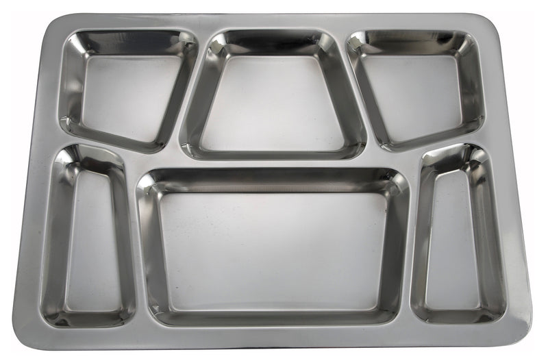 Winco 15-1/2" Stainless Steel Mess Tray - 6-Compartment Rectangular