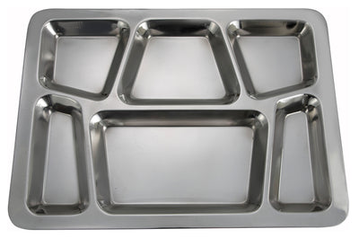 Winco 15-1/2" Stainless Steel Mess Tray - 6-Compartment Rectangular