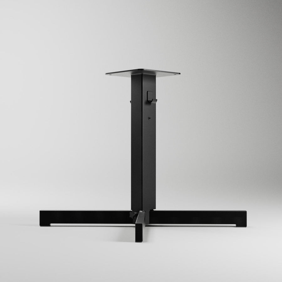 Rockless Table self-stabilizing dining height table base, 28 in legs span, black steel column on white background