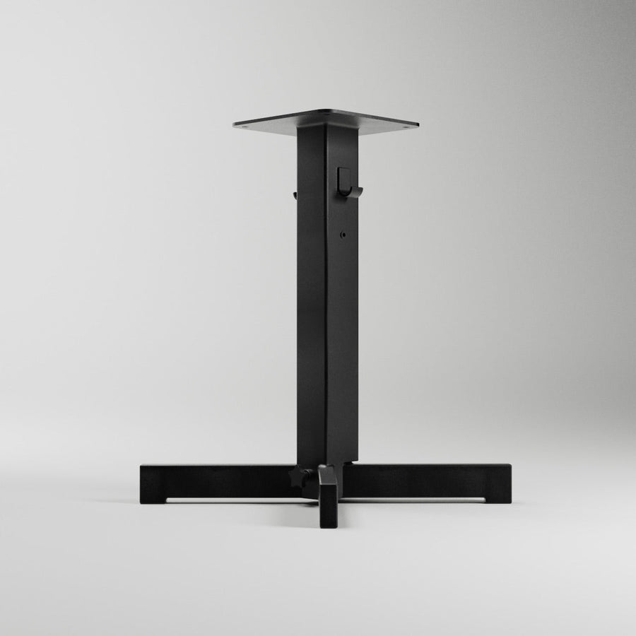 Rockless Table self-stabilizing dining height table base, 22 in legs span, black steel column on white background