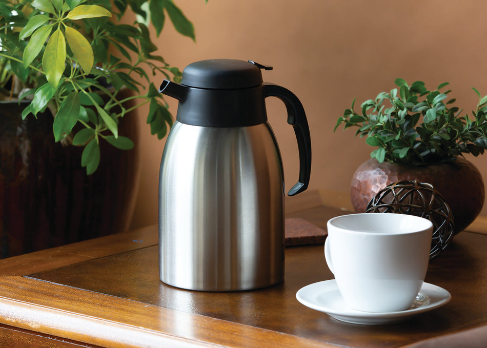 SteelVac® Essential 1.2-Liter Vacuum Insulated Carafe with Push Button Lid in Brushed Stainless and Black