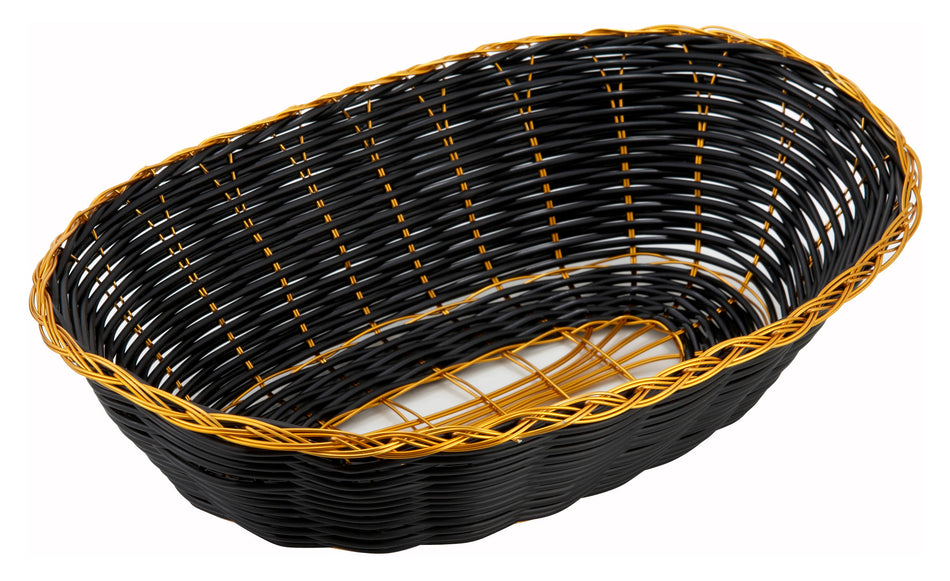 Winco PWBK-9V 9 Inch Oval Woven Basket Black with Gold Trim Polypropylene