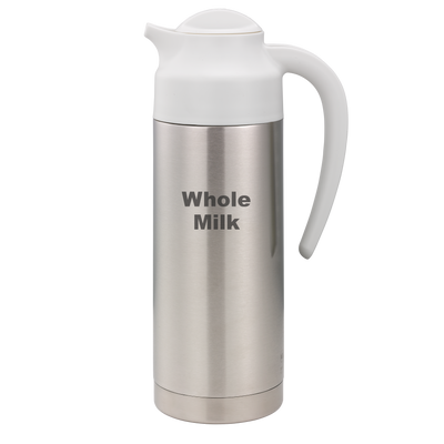 SteelVac® 1-Liter Vacuum Insulated Creamer with Steel Base Laser Etched "Whole Milk" in Brushed Stainless and White