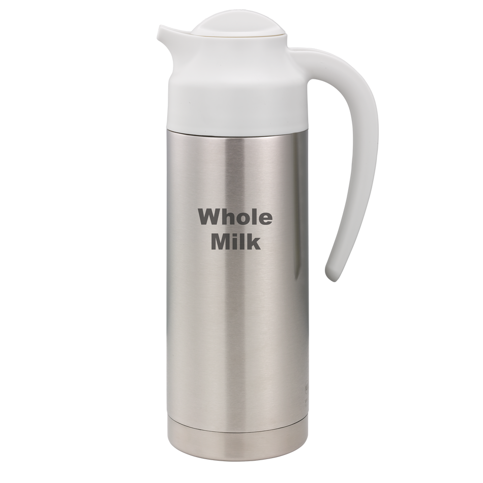 SteelVac® 1-Liter Vacuum Insulated Creamer with Steel Base Laser Etched "Whole Milk" in Brushed Stainless and White
