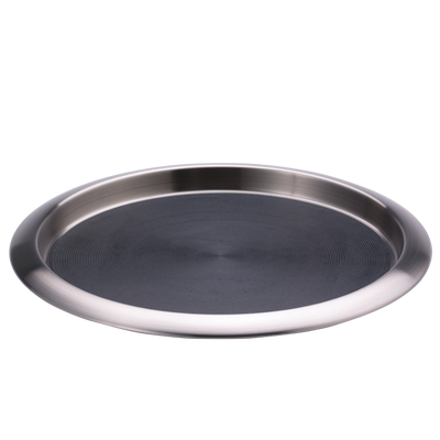 Non-Slip Silicone Surface 14 in. Medium Round Serving Tray in Brushed Stainless and Black