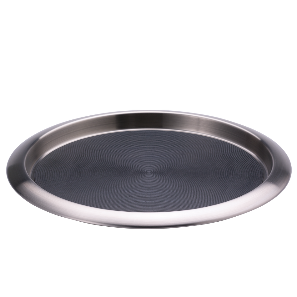 Non-Slip Silicone Surface 14 in. Medium Round Serving Tray in Brushed Stainless and Black