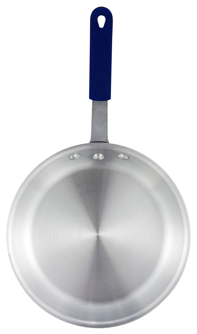 Winco AFP-10A-H 10 Inch Aluminum Fry Pan - Gladiator Natural Finish Blue Silicone Handle Sleeve
