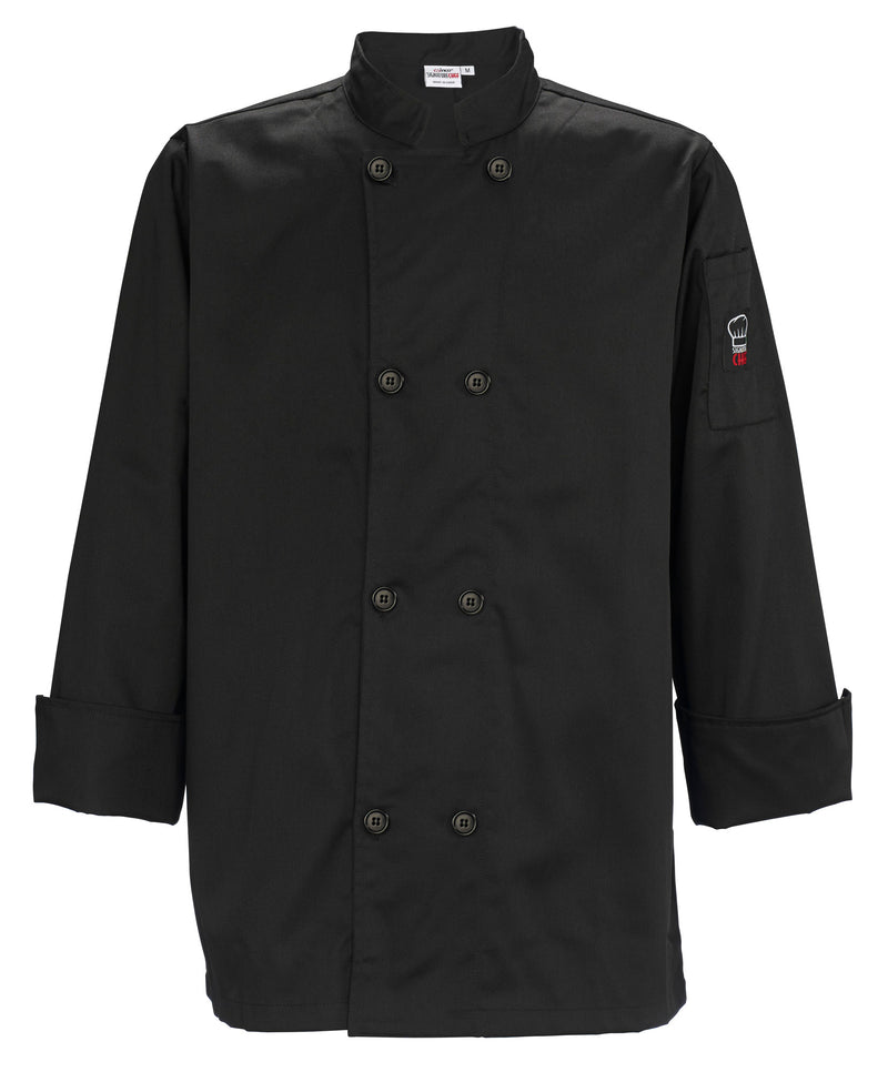 Winco UNF-6KXL 65/35 Poly-Cotton Black Chef Jacket Tapered Fit Double Breasted