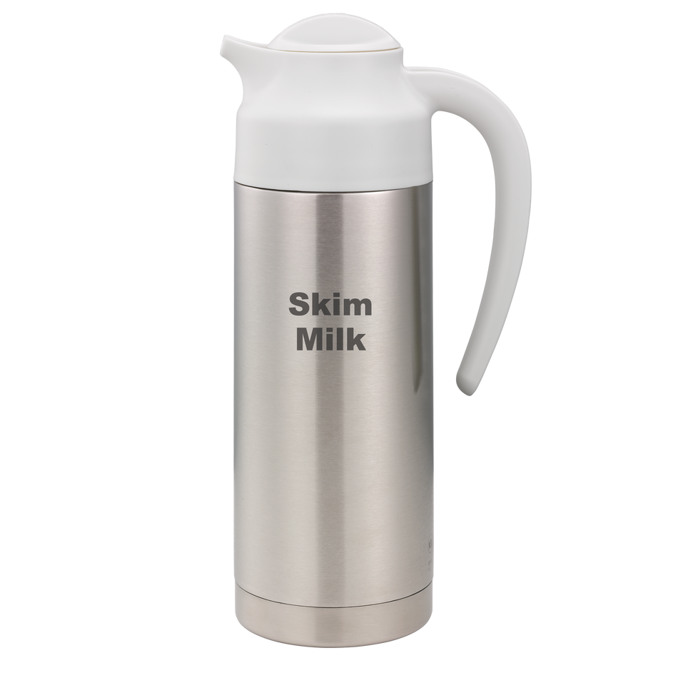 SteelVac® 1-Liter Vacuum Insulated Creamer with Steel Base Laser Etched "Skim Milk" in Brushed Stainless and White