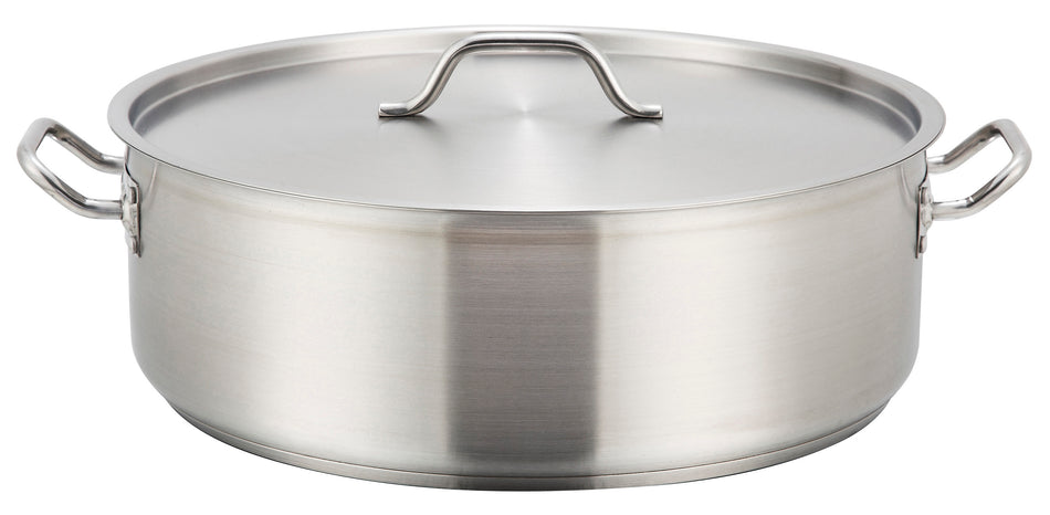 Winco SSLB-25 25 Quart Brazier Pan Round with Cover Tri-Ply Construction