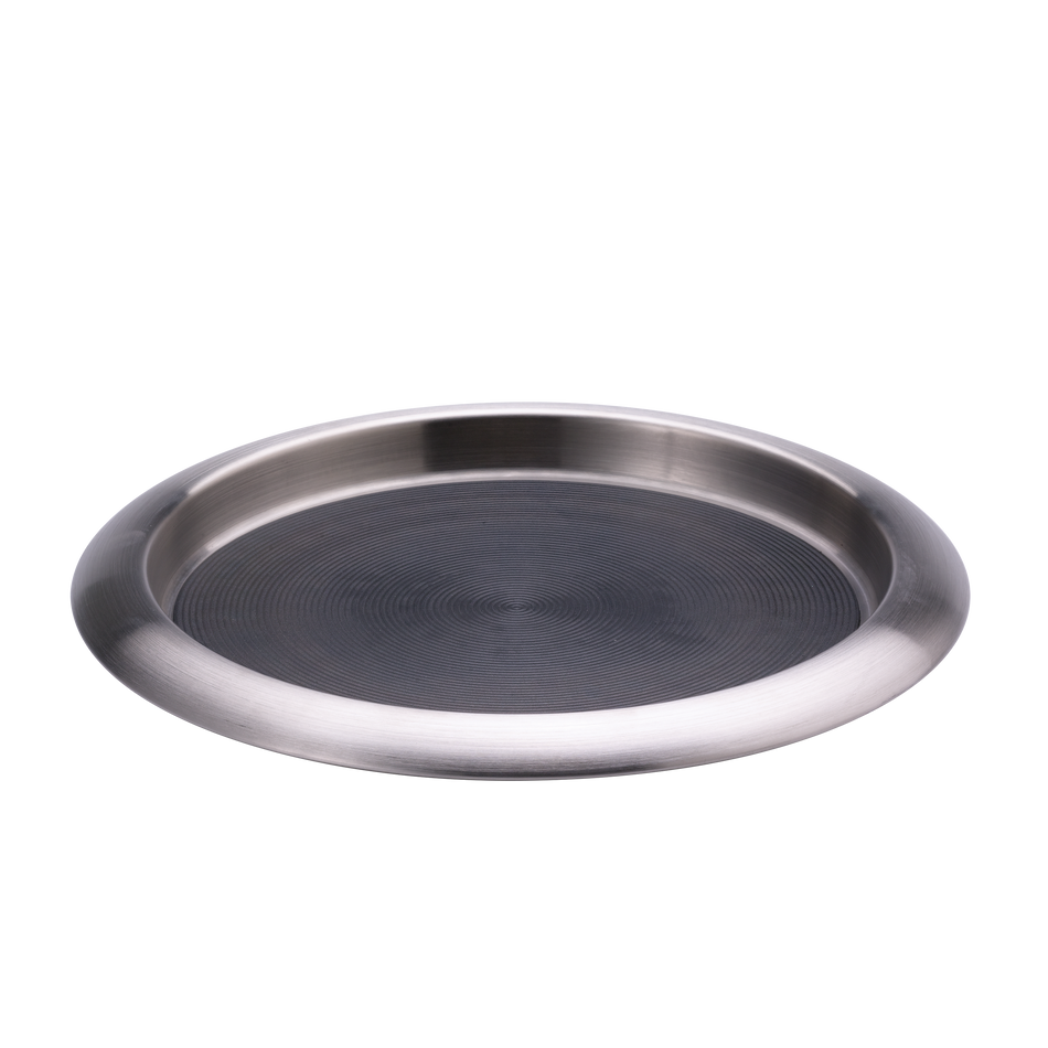 Non-Slip Silicone Surface 11 in. Small Round Serving Tray in Brushed Stainless and Black