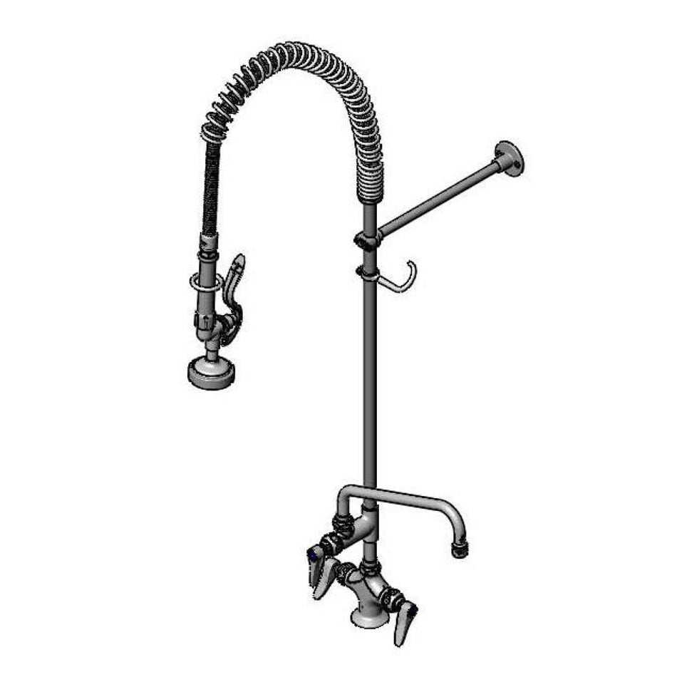 T&S Pre-Rinse, Single Hole Deck Mount, Supply Hoses & Stops, 10" Add-On-Fct, 36" Hose & Brush and 12" Wall Bracket