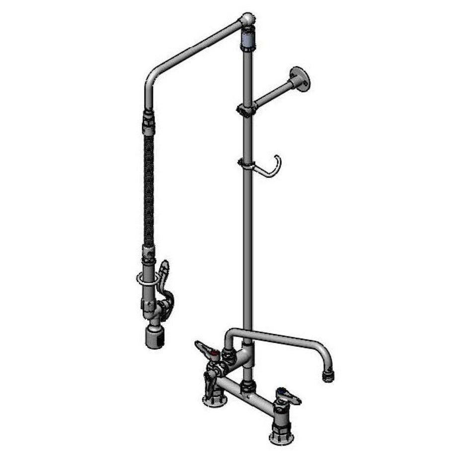 T&S Pre-Rinse Unit: 8" Deck Mount Base, Ceramas, 12" Overhead Swivel Arm, B-0107 Spray Valve