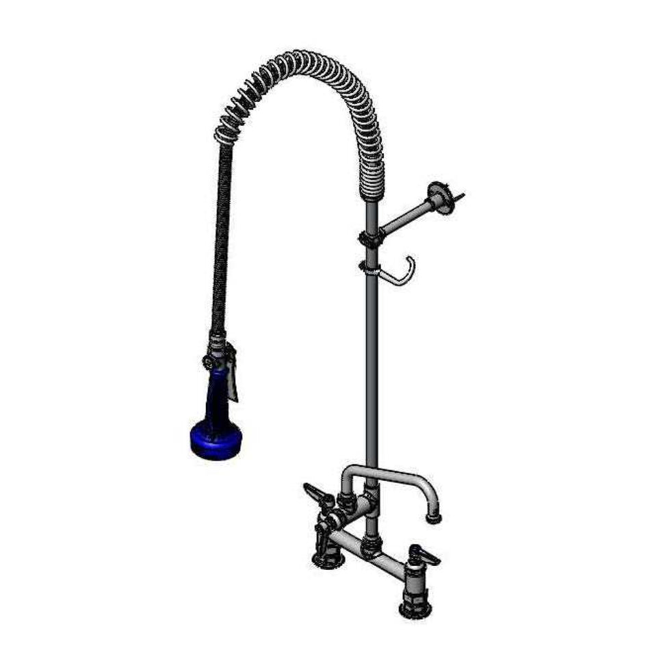T&S EasyInstall Pre-Rinse, Spring Action, 8" Deck Mount, 8" Add-On Fct, Wall Bracket, B-0108-C Low Flow Spray Valve