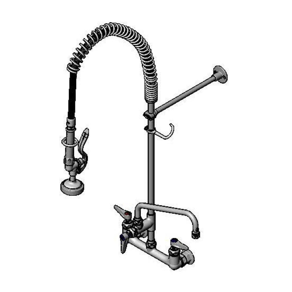 T&S 8" WallMount Pre-Rinse, Supply Stops-Hoses-Elbows, Add-On-Fct, 10" Swing Nozzle, 36" Hose, Brush, 12" Wall Bracket