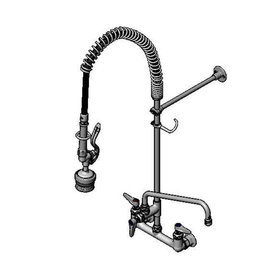 T&S 8" WallMount Pre-Rinse, Supply Stops-Hoses-Elbows, Add-On-Fct, 12" Swing Nozzle, 36" Hose, Brush, 12" Wall Bracket