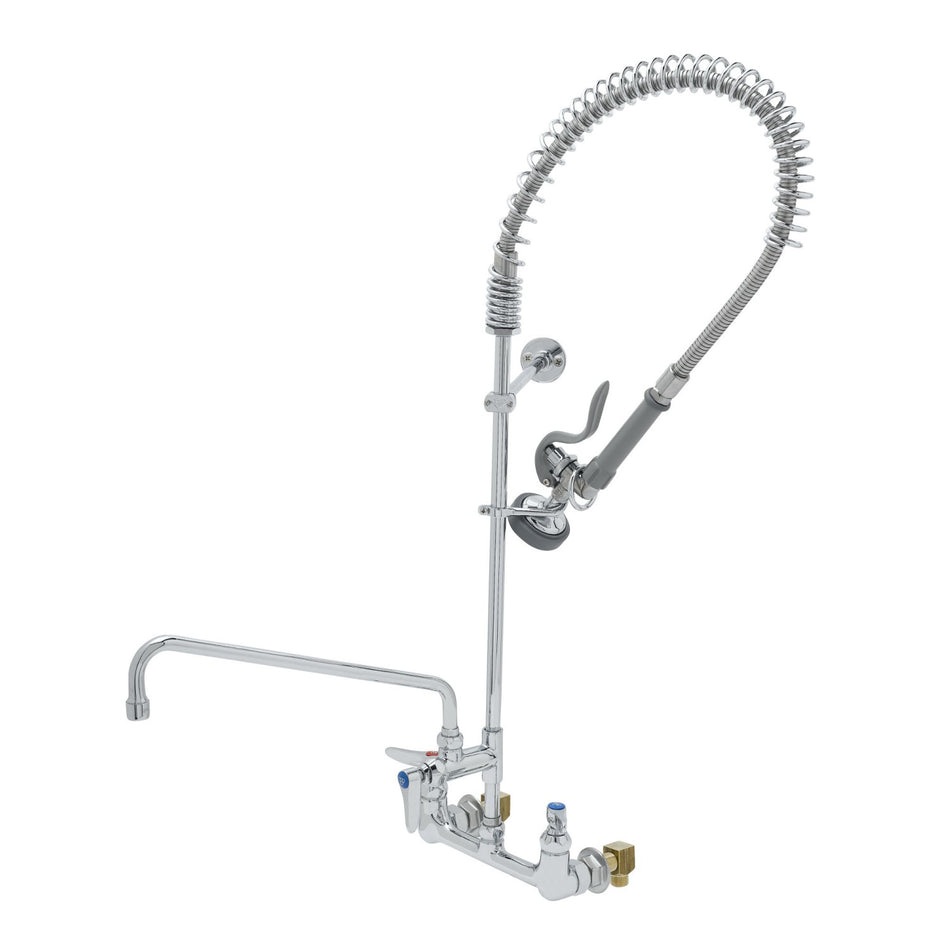 T&S 8" WallMount Pre-Rinse, Supply Stops-Hoses-Elbows, Add-On-Fct, 14" Swing Nozzle, 36" Hose, Brush, 12" Wall Bracket