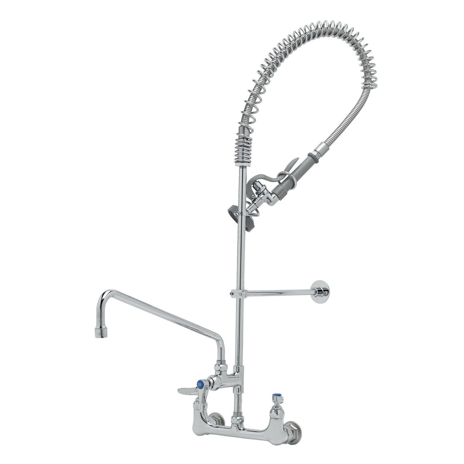 T&S 8" WallMount Pre-Rinse, Supply Stops-Hoses-Elbows, Add-On-Fct, 16" Swing Nozzle, 36" Hose, Brush, 12" Wall Bracket