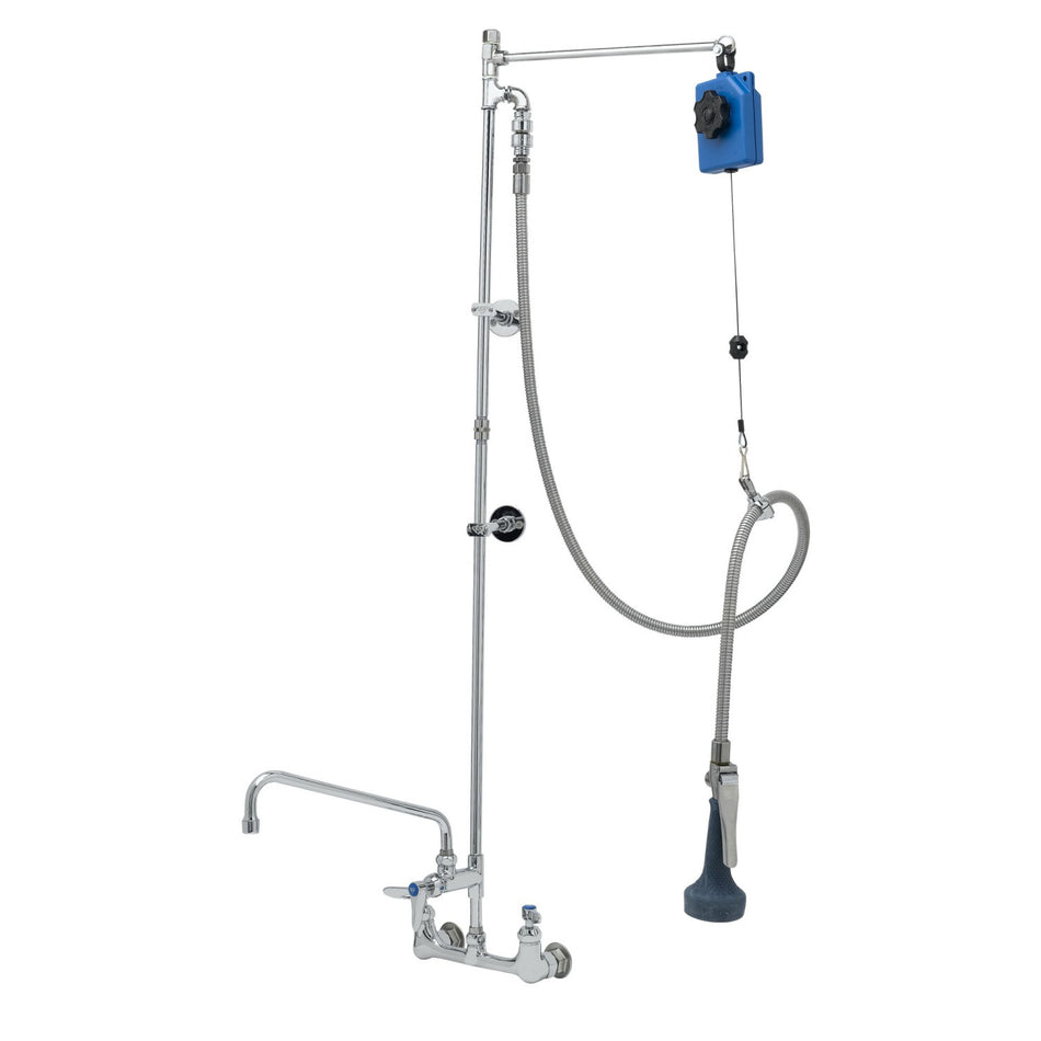 T&S Pre-Rinse: 8" Wall Mount, Balancer Arm, 68" Flex Hose, B-0108 Spray Valve, Add-On Faucet
