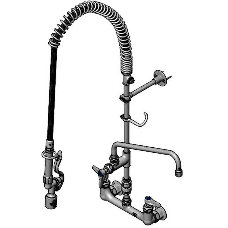 T&S Pre-Rinse: 8" Wall Mount, Ceramas, Add-On Faucet with 12" Swing Nozzle, 6" Wall Bracket, B-TEE-RGD, Vacuum Breaker, 44" SS Flex Hose with B-0107-J Spray Valve