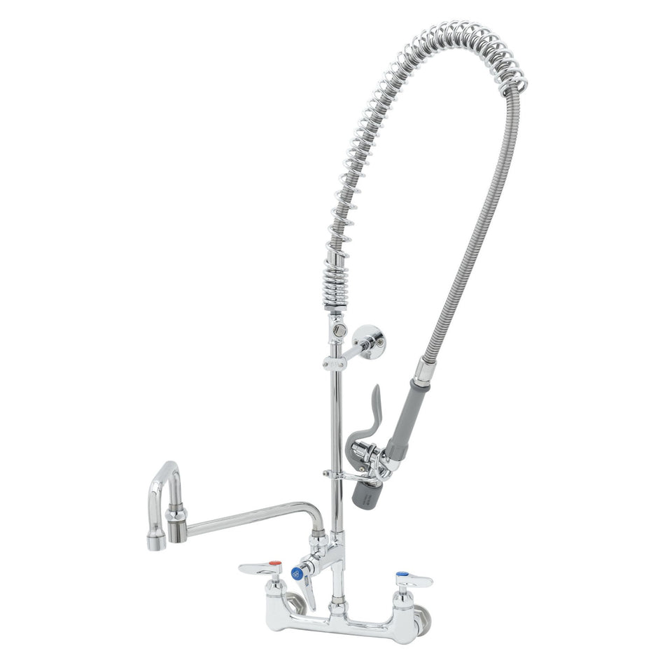 T&S Pre-Rinse: 8" Wall Mount, Ceramas, Add-On Faucet with 18" Double-Joint Nozzle & 2.2 gpm Aerator, 6" Wall Bracket, B-TEE-RGD, 44" SS Flex Hose with B-0107-C Spray Valve