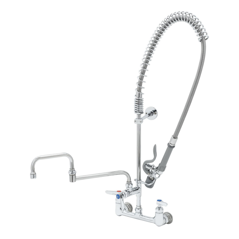 T&S Pre-Rinse: 8" Wall Mount, Ceramas, Add-On Faucet with 15" Double-Joint Nozzle & 2.2 gpm Aerator, 6" Wall Bracket, 44" SS Flex Hose with B-0107-C Spray Valve