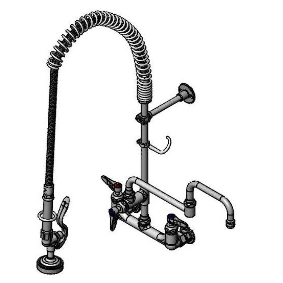 T&S Pre-Rinse: 8" Wall Mount, Ceramas, Add-On Faucet with 15" Double-Joint Nozzle & 2.2 gpm Aerator, 6" Wall Bracket, 44" SS Flex Hose with B-0107 Spray Valve