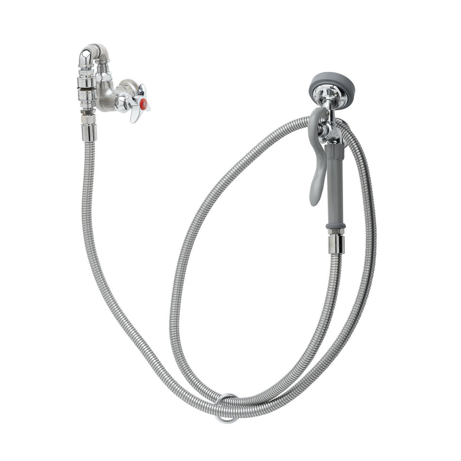 Single Temp Wall Mount Faucet w/ Angled Spray Valve, 96" Hose, Vacuum Breaker, Wall Hook
