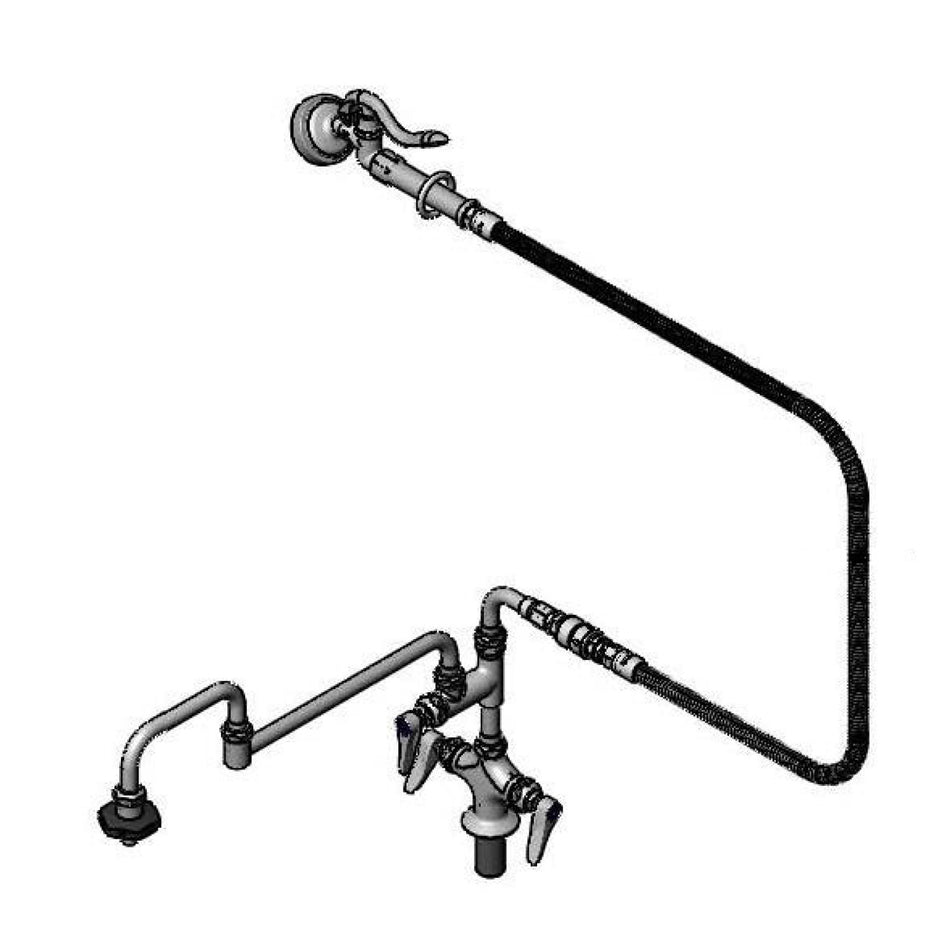 Pre-Rinse: Single Hole Base Faucet, Add-on-Faucet, 18" Dbl Joint Swing Nozzle, 104" Hose Angled Spray Valve & Wall Hook