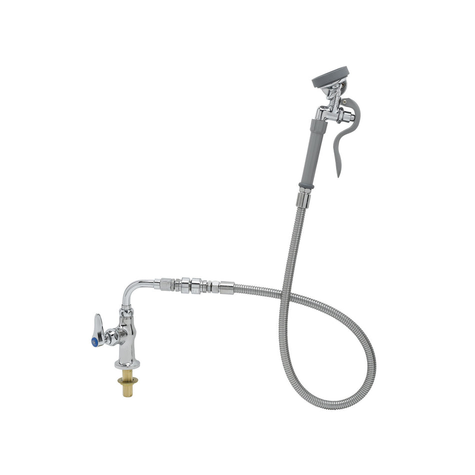 Single Hole Single Temperature Deck Mount Faucet, Quarter-Turn Eterna Cartridge w/ Spring Check, Lever Handle, 44" Flexible Stainless Steel Hose, 1.15 GPM Angled Spray Valve, 3/8" NPT Vacuum