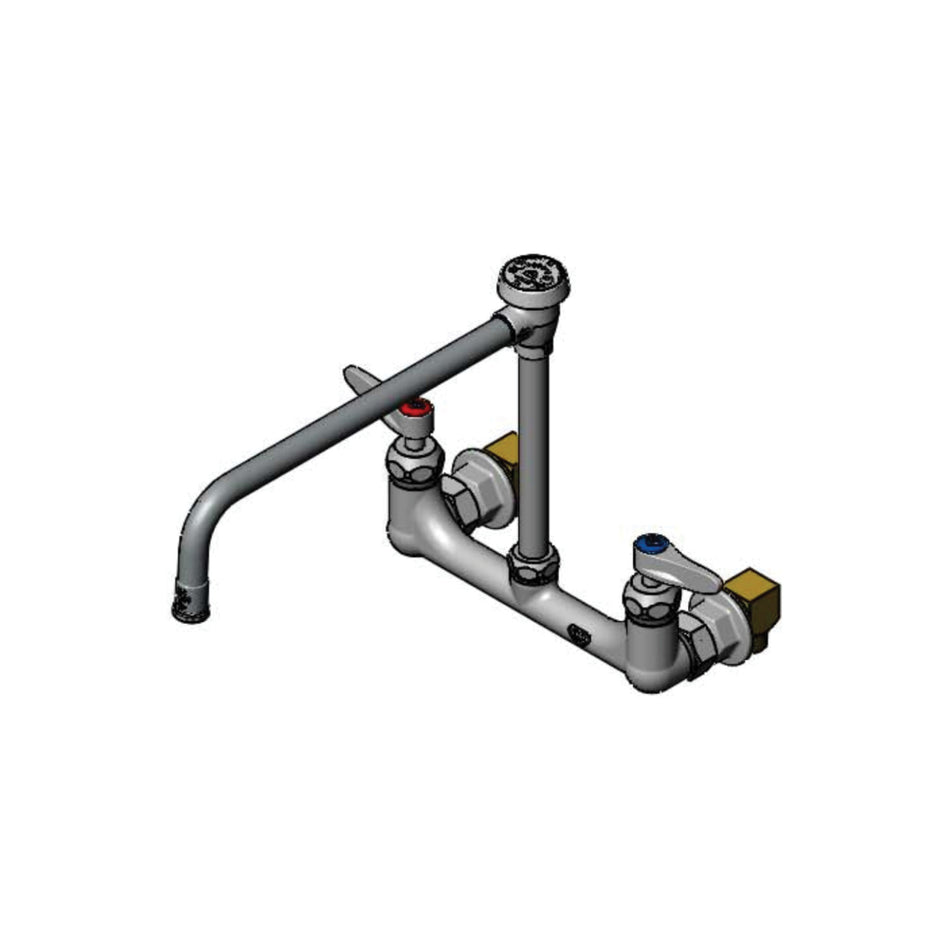 8" Wall Mount Mixing Faucet, SC-Cerama Cartridges, Lever Handles, Vacuum Breaker Swing Nozzle, Inlet Hose Kit