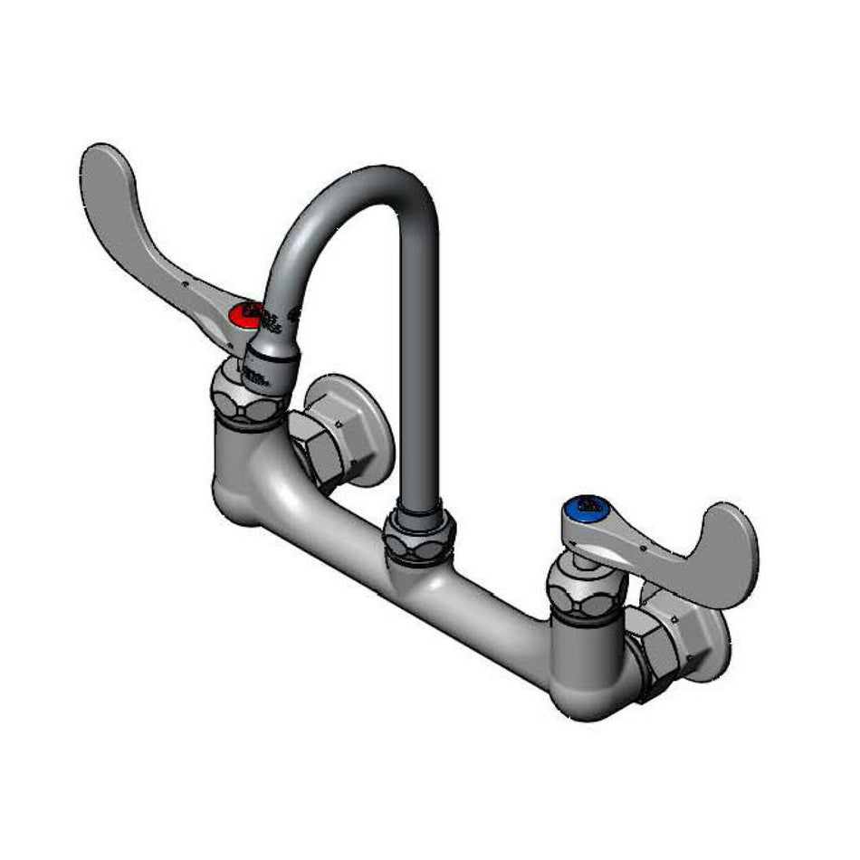 8" Double Pantry Faucet, Wall Mount, Ceramas, Gooseneck, 1.5 GPM Aerator, 4" Wrist Handles