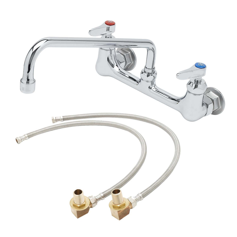 8" Wall Mount Base Faucet, 1/2"NPT Male Inlets, Ceramic Cartridges, 12" Swing Nozzle & Short El Installation Kit