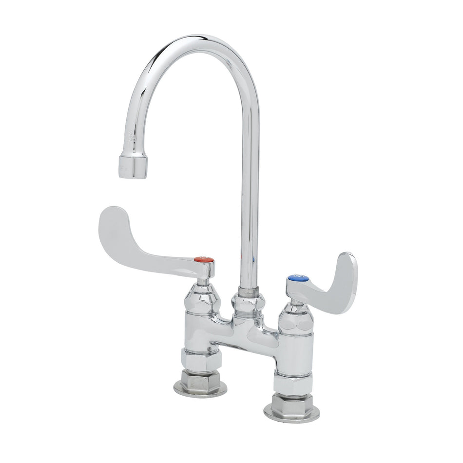 Double Pantry Faucet, 4" c/c Deck Mount, Swivel Gooseneck, 4" Wrist-Action Handles