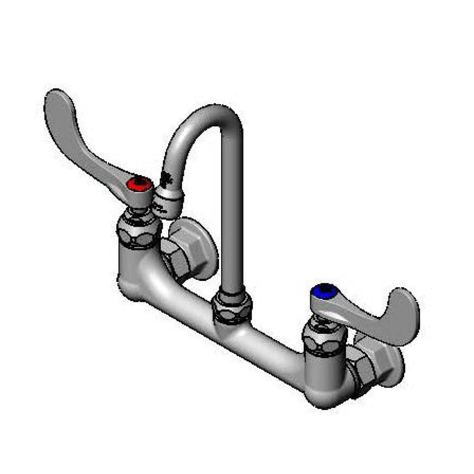 8" Wall Mount Faucet, Rigid Gooseneck, 1.2 GPM Aerator, 4" Wrist-Action Handles